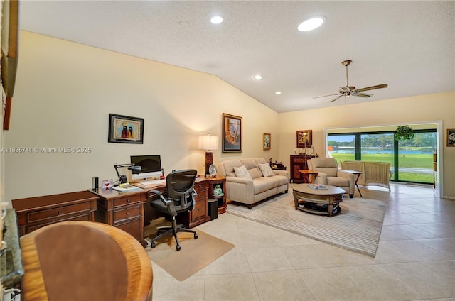 8406 NW 78th Ct, Tamarac, FL 33321 - home office featuring vaulted ceiling, ceiling fan, light tile patterned flooring, and recessed lighting