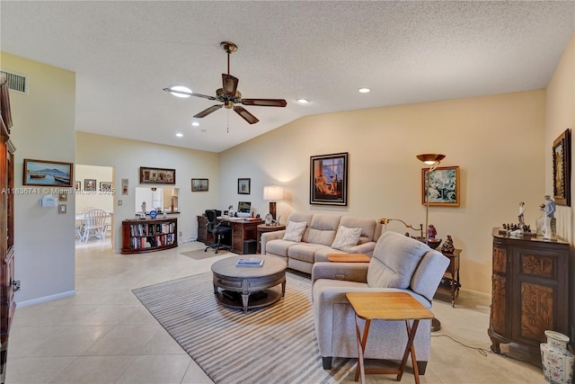 8406 NW 78th Ct, Tamarac, FL 33321 - living area with ceiling fan, lofted ceiling, recessed lighting, an office area, and light tile patterned floors