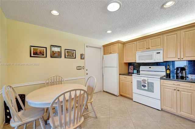 8406 NW 78th Ct, Tamarac, FL 33321 - kitchen featuring white appliances, dark countertops, a textured ceiling, backsplash, and light brown cabinetry