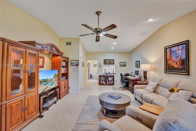 8406 NW 78th Ct, Tamarac, FL 33321 - living area featuring lofted ceiling, an office area, a ceiling fan, light tile patterned floors, and recessed lighting