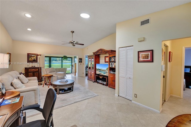 8406 NW 78th Ct, Tamarac, FL 33321 - living room featuring ceiling fan, recessed lighting, light tile patterned floors, and lofted ceiling