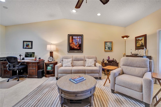 8406 NW 78th Ct, Tamarac, FL 33321 - living area featuring an office area, a ceiling fan, lofted ceiling, a textured ceiling, and recessed lighting