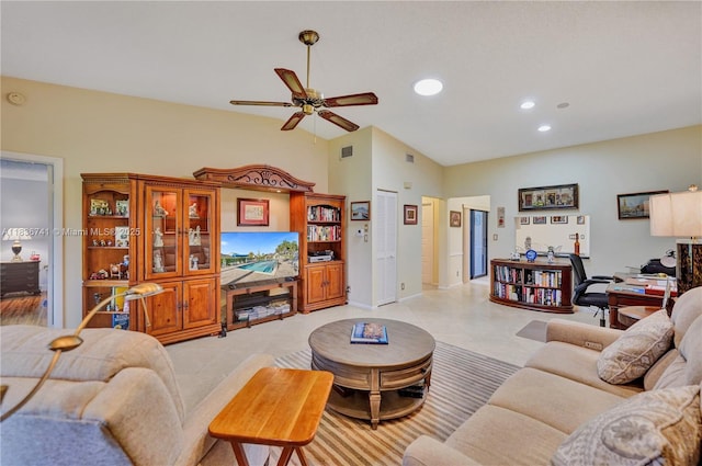 8406 NW 78th Ct, Tamarac, FL 33321 - living room with vaulted ceiling, a ceiling fan, and recessed lighting