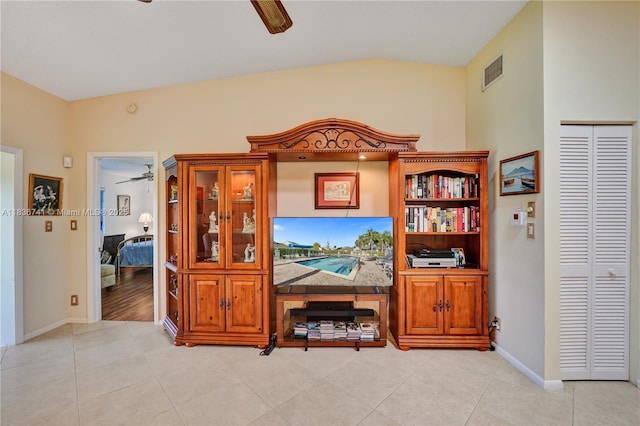 8406 NW 78th Ct, Tamarac, FL 33321 - home office with a ceiling fan, lofted ceiling, and light tile patterned floors