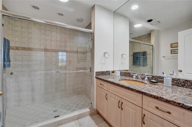 8406 NW 78th Ct, Tamarac, FL 33321 - full bathroom featuring vanity, a shower stall, tile patterned floors, and recessed lighting
