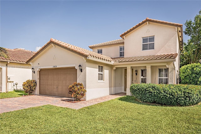 10608 NW 36th St, Coral Springs, FL 33065 - mediterranean / spanish home featuring a garage, a front yard, stucco siding, and a tiled roof