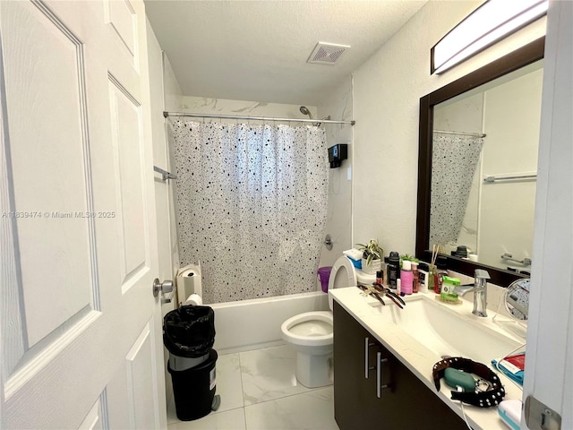 2957 NW 45th St, Miami, FL 33142 - full bathroom with marble finish floors, vanity, shower / tub combo, and a textured ceiling