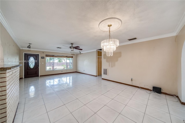 7140 Fillmore St, Hollywood, FL 33024 - spare room featuring ornamental molding, a ceiling fan, a chandelier, and light tile patterned floors