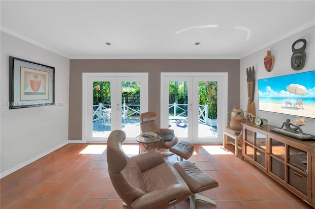 2665 SW 17th Ave, Miami, FL 33133 - tiled living area featuring french doors, ornamental molding, and healthy amount of natural light