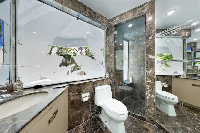 3200 Morris Ln, Miami, FL 33133 - full bath with vanity, tile walls, marble tiled flooring, and tiled shower