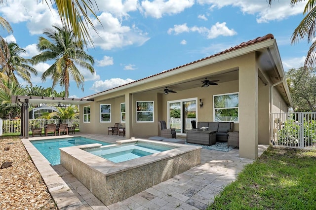 19252 N Hibiscus St, Weston, FL 33332 - view of swimming pool featuring ceiling fan, an outdoor hangout area, a patio area, and a pool with connected hot tub