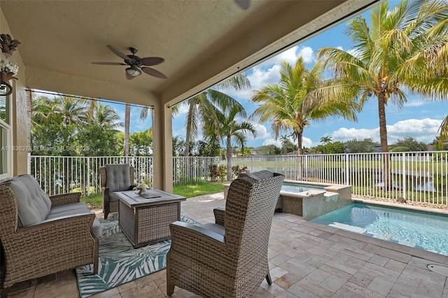 19252 N Hibiscus St, Weston, FL 33332 - fenced backyard featuring a ceiling fan, a pool with connected hot tub, and a patio
