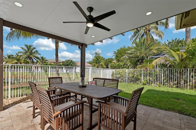 19252 N Hibiscus St, Weston, FL 33332 - fenced backyard with outdoor dining space, a patio area, and a ceiling fan