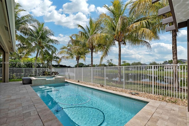 19252 N Hibiscus St, Weston, FL 33332 - view of swimming pool with a pool with connected hot tub, a fenced backyard, a patio area, and a water view