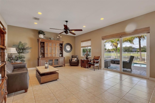 19252 N Hibiscus St, Weston, FL 33332 - living area with ceiling fan, light tile patterned floors, and recessed lighting