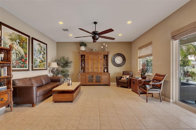 19252 N Hibiscus St, Weston, FL 33332 - living area with a ceiling fan, recessed lighting, and light tile patterned floors