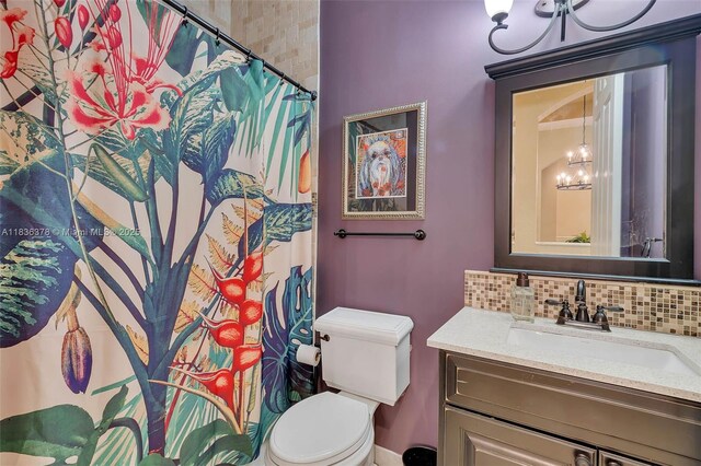 19252 N Hibiscus St, Weston, FL 33332 - bathroom with a chandelier, vanity, decorative backsplash, and curtained shower