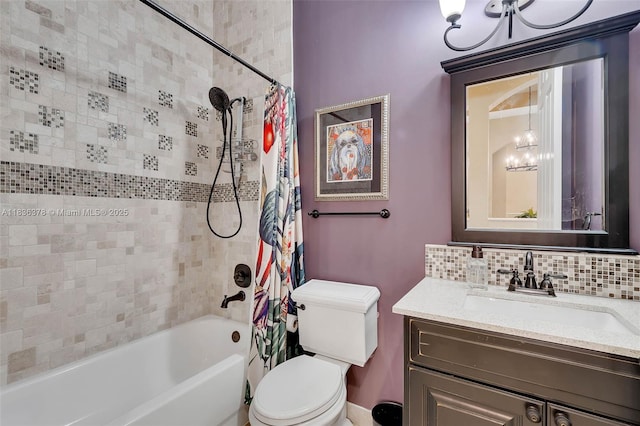 19252 N Hibiscus St, Weston, FL 33332 - full bath with a chandelier, shower / bathtub combination with curtain, vanity, and backsplash