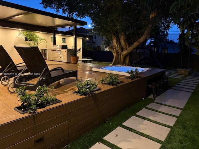 641 Nightingale Ave, Miami Springs, FL 33166 - fenced backyard with area for grilling, a wooden deck, a playground, and an outdoor hot tub
