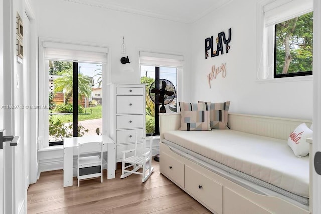 9031 SW 66th Ter, Miami, FL 33173 - bedroom featuring light wood-style flooring, multiple windows, crown molding, and wainscoting