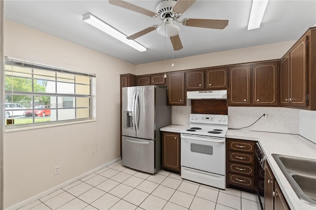 16805 SW 113th Ave Unit V41443, Miami, FL 33157 - kitchen featuring stainless steel fridge with ice dispenser, electric stove, under cabinet range hood, dark brown cabinets, and light countertops
