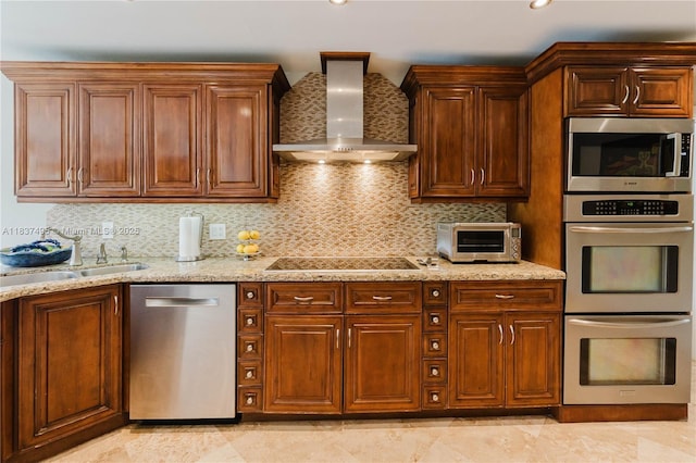 8501 SW 72nd Ter, Miami, FL 33143 - kitchen featuring stainless steel appliances, wall chimney range hood, light stone counters, backsplash, and recessed lighting
