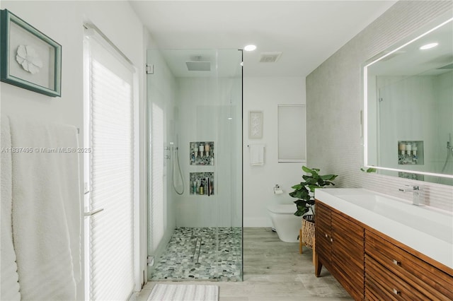 8501 SW 72nd Ter, Miami, FL 33143 - full bath featuring a stall shower, vanity, and wood finished floors
