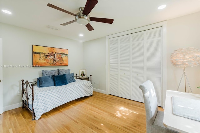 8501 SW 72nd Ter, Miami, FL 33143 - bedroom featuring recessed lighting, light wood-type flooring, a closet, and a ceiling fan