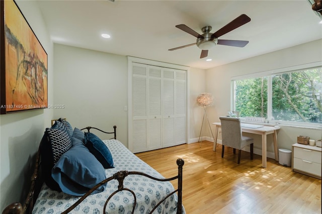 8501 SW 72nd Ter, Miami, FL 33143 - bedroom featuring light wood-style floors, a closet, recessed lighting, and a ceiling fan
