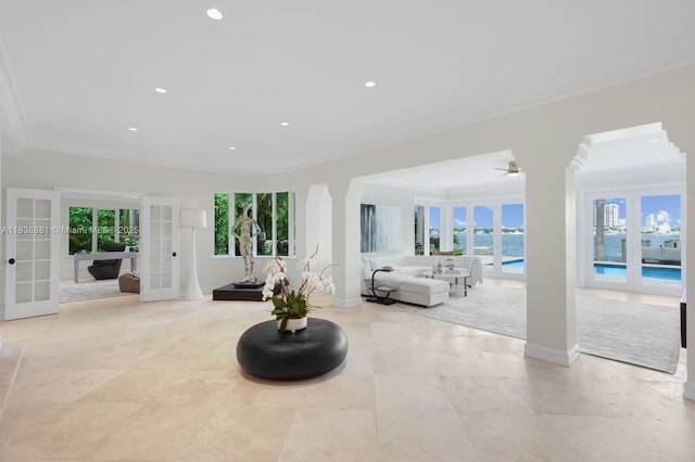 315 E Rivo Alto Dr, Miami Beach, FL 33139 - living room featuring french doors, healthy amount of natural light, crown molding, recessed lighting, and a ceiling fan