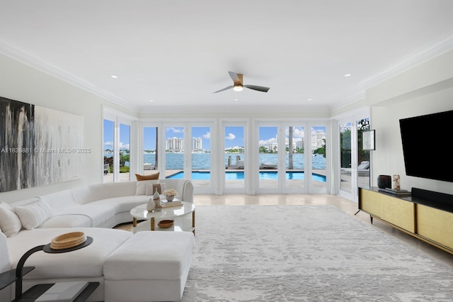 315 E Rivo Alto Dr, Miami Beach, FL 33139 - living area with ornamental molding, ceiling fan, and recessed lighting