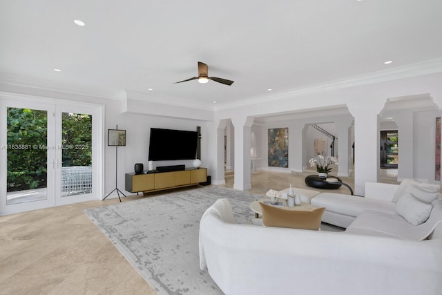 315 E Rivo Alto Dr, Miami Beach, FL 33139 - living area with ornamental molding, a ceiling fan, and recessed lighting