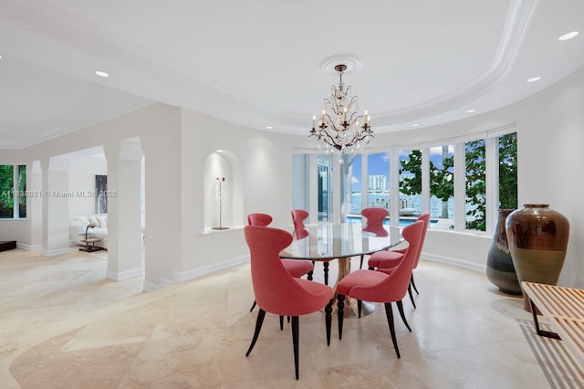 315 E Rivo Alto Dr, Miami Beach, FL 33139 - dining space with recessed lighting, a chandelier, ornamental molding, and a raised ceiling