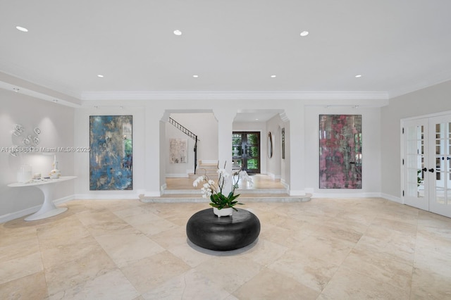 315 E Rivo Alto Dr, Miami Beach, FL 33139 - tiled foyer featuring french doors, crown molding, recessed lighting, and stairway