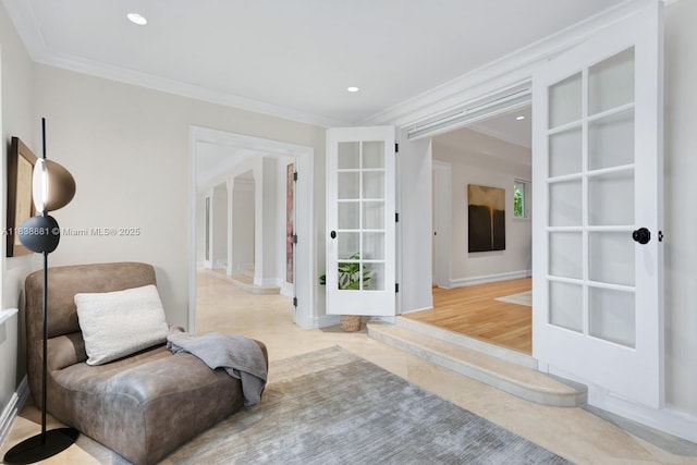315 E Rivo Alto Dr, Miami Beach, FL 33139 - living area with ornamental molding, french doors, tile patterned flooring, and recessed lighting