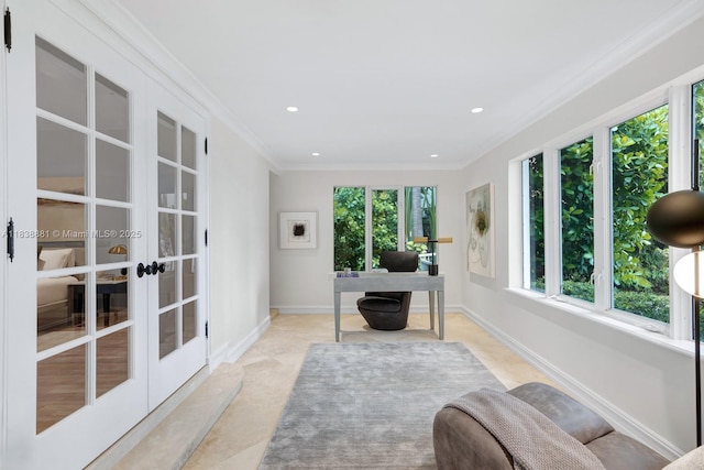 315 E Rivo Alto Dr, Miami Beach, FL 33139 - sitting room with an office area, french doors, crown molding, and recessed lighting