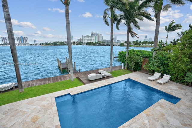 315 E Rivo Alto Dr, Miami Beach, FL 33139 - swimming pool featuring a dock, a water view, a skyline view, and a patio area