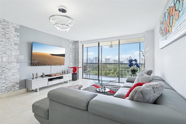20379 W Country Club Dr Unit 1436, Aventura, FL 33180 - living area featuring light tile patterned floors, a chandelier, and expansive windows