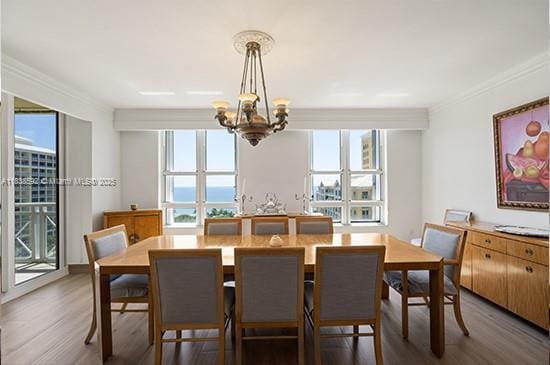445 Grand Bay Dr Unit 1011, Key Biscayne, FL 33149 - dining room featuring a chandelier, plenty of natural light, crown molding, and wood finished floors