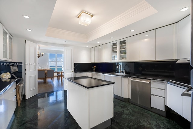 445 Grand Bay Dr Unit 1011, Key Biscayne, FL 33149 - kitchen featuring stainless steel dishwasher, crown molding, modern cabinets, a raised ceiling, and white cabinetry