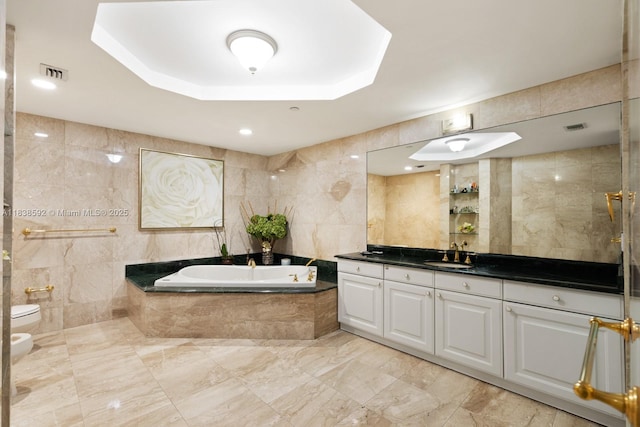 445 Grand Bay Dr Unit 1011, Key Biscayne, FL 33149 - full bath featuring vanity, a bath, a bidet, tile walls, and marble finish floors