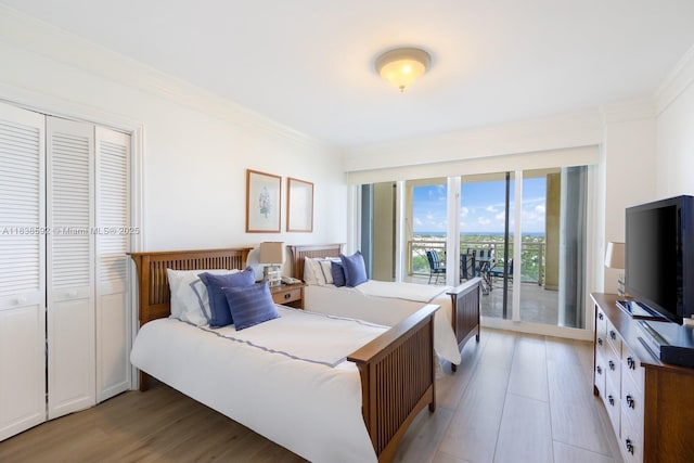 445 Grand Bay Dr Unit 1011, Key Biscayne, FL 33149 - bedroom with crown molding, access to exterior, a closet, and light wood-type flooring