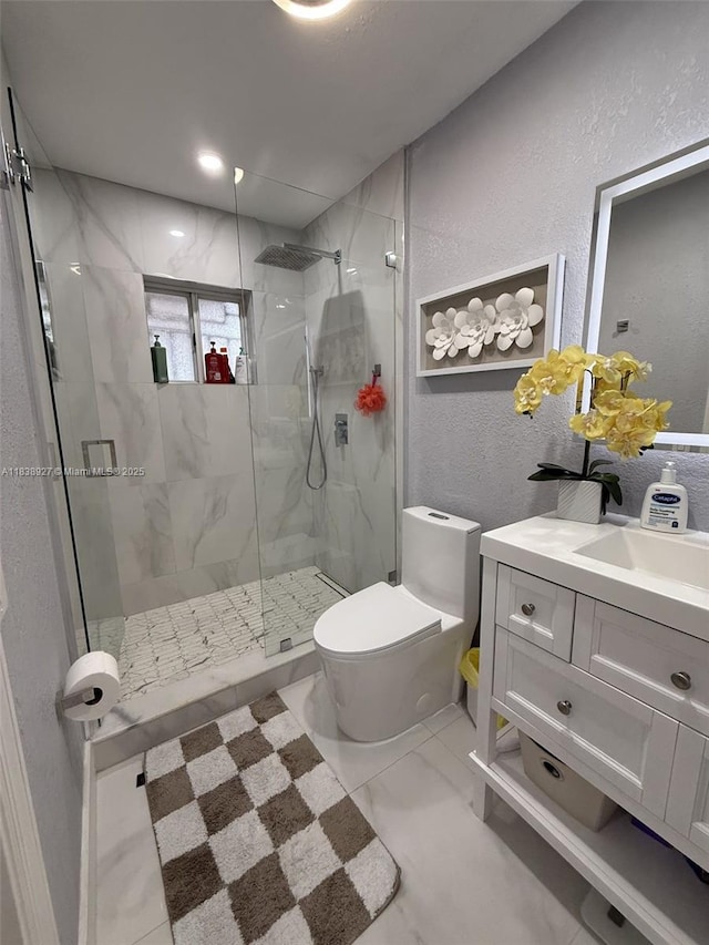 3134 W 70th Ter, Hialeah, FL 33018 - full bathroom with a shower stall, a textured wall, and vanity
