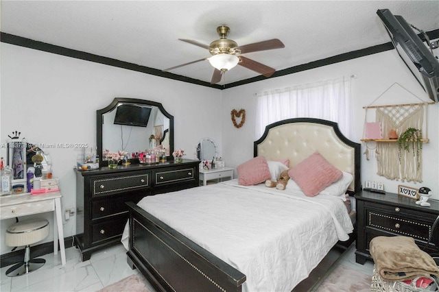 231 E 41st St, Hialeah, FL 33013 - bedroom featuring light marble finish flooring, a ceiling fan, and ornamental molding
