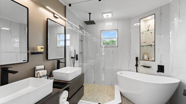 18701 Shauna Manor Dr, Boca Raton, FL 33496 - bathroom featuring a marble finish shower, a freestanding bath, and double vanity