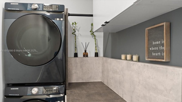 18701 Shauna Manor Dr, Boca Raton, FL 33496 - washroom with stacked washing machine and dryer