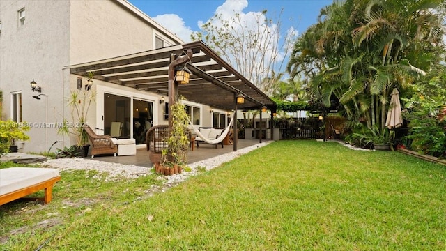 18701 Shauna Manor Dr, Boca Raton, FL 33496 - rear view of property featuring a pergola, stucco siding, an outdoor hangout area, and a patio