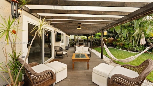 18701 Shauna Manor Dr, Boca Raton, FL 33496 - view of patio / terrace featuring an outdoor living space, a deck, ceiling fan, and a pergola