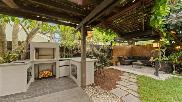 18701 Shauna Manor Dr, Boca Raton, FL 33496 - fenced backyard with an outdoor hangout area, a patio, and a pergola