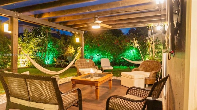 18701 Shauna Manor Dr, Boca Raton, FL 33496 - patio at night with a ceiling fan, a pergola, and an outdoor living space